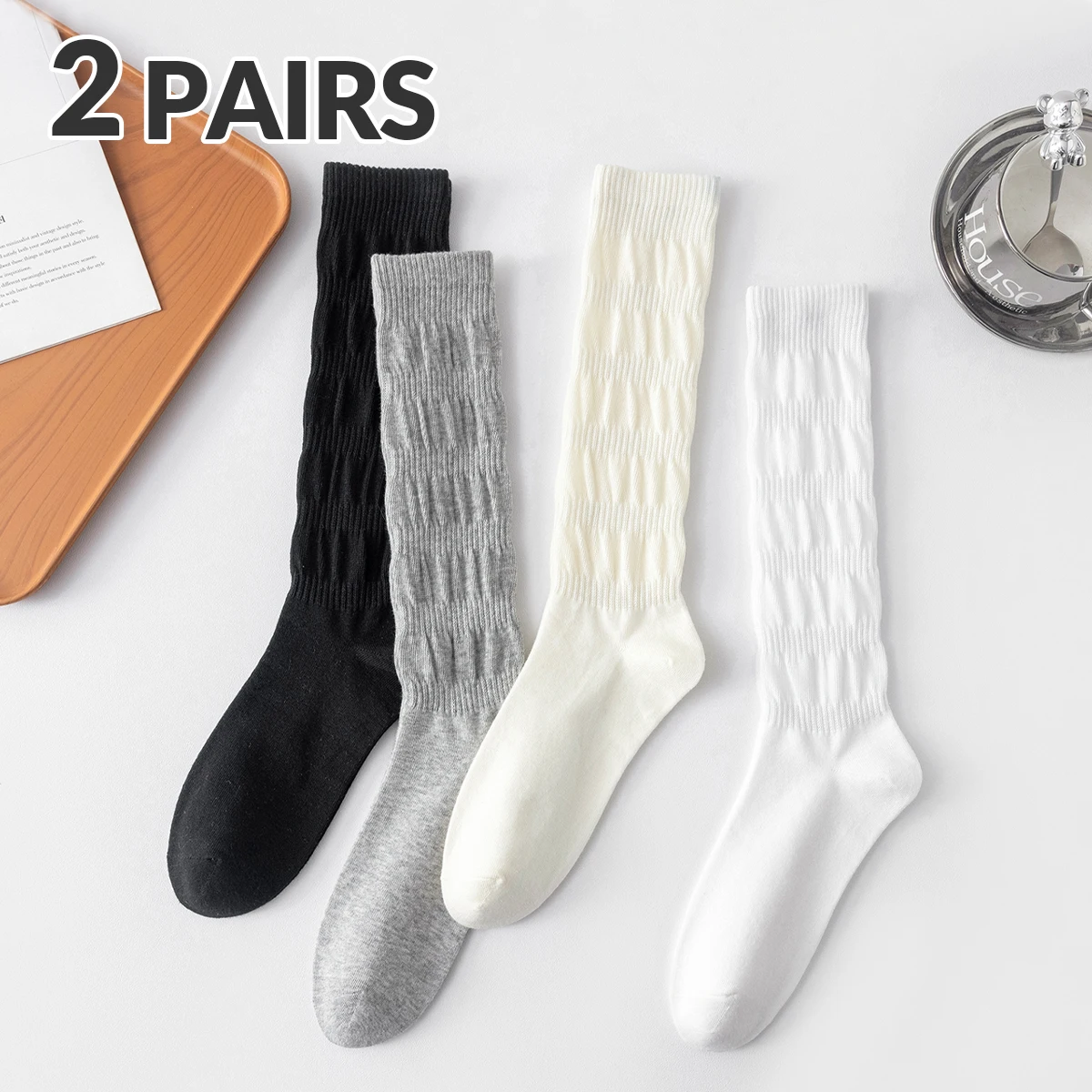 

2 пары женских хлопковых однотонных сезонных модных милых удобных дышащих носков в студенческом стиле, средние носки