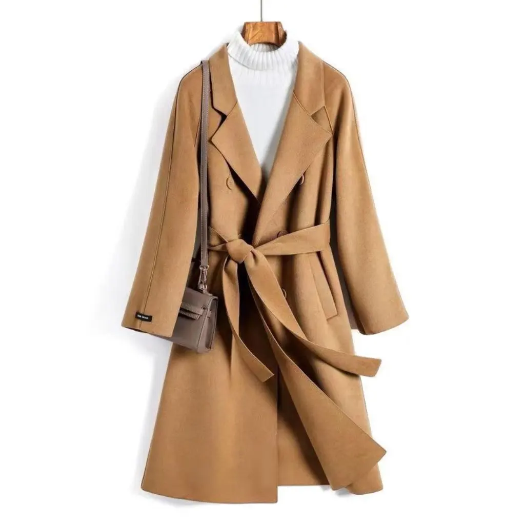 

Женское двустороннее шерстяное бархатное пальто, модная верхняя одежда до колена с воротником на шнуровке, осенне-зимняя верхняя одежда