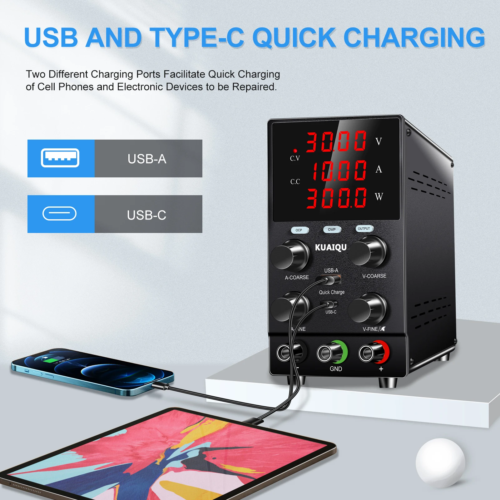 Imagem -02 - Kuaiqu-dc Fonte de Alimentação Modelo Atualizado Estabilizador de Tensão Campainha de Saída Usb-a Usb-c Porta de Carga Rápida 30v 10a Ocp Ovp