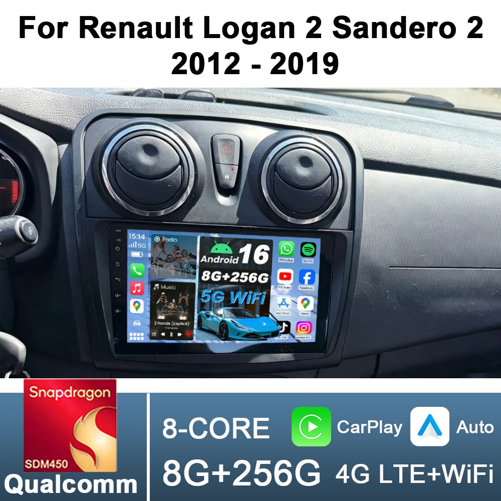 2Din 9inch CarPlay Android Auto Car Radio for Renault Logan 2 Sandero 2 2012-2019 Multimedia Navigation GPS RDS Qualcomm 8 Core