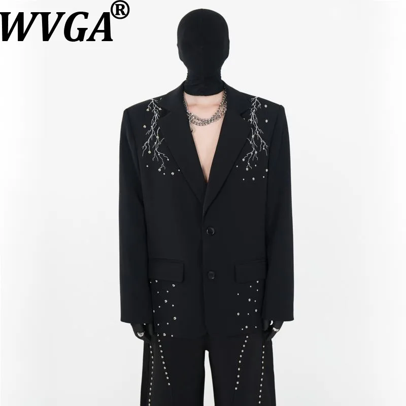 

WVGA Spring Autumn New Man Rivet Printed Trendy Shoulder Padded Blazer Niche Chic Casual Staight Suit PantsTwo-Piece Sets W15022
