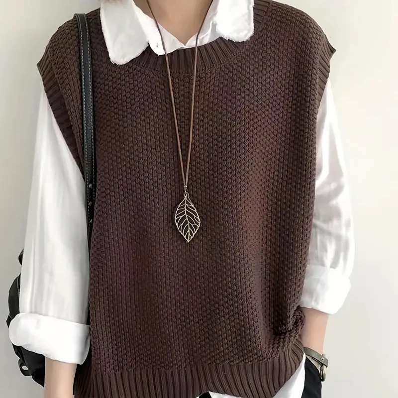 Spring Women Knitted Sweater Vest Casual Solid Color Loose Round Neck Sleeveless Pullover Early Autumn Irregular All-match Vest