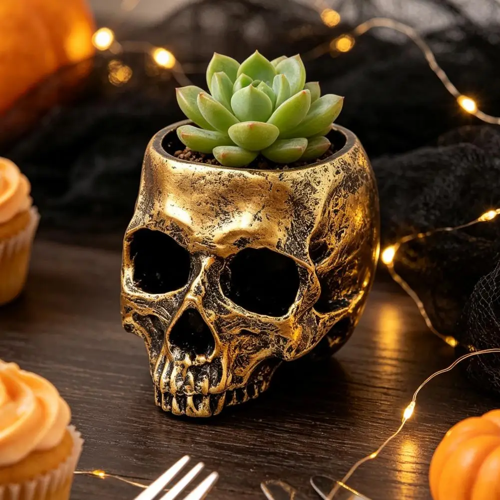 Skull Makeup Brush Holder Halloween Desk Organizer Skull Planter Resin Flower Pot Halloween Candy Bowl Skull Head for Tabletop