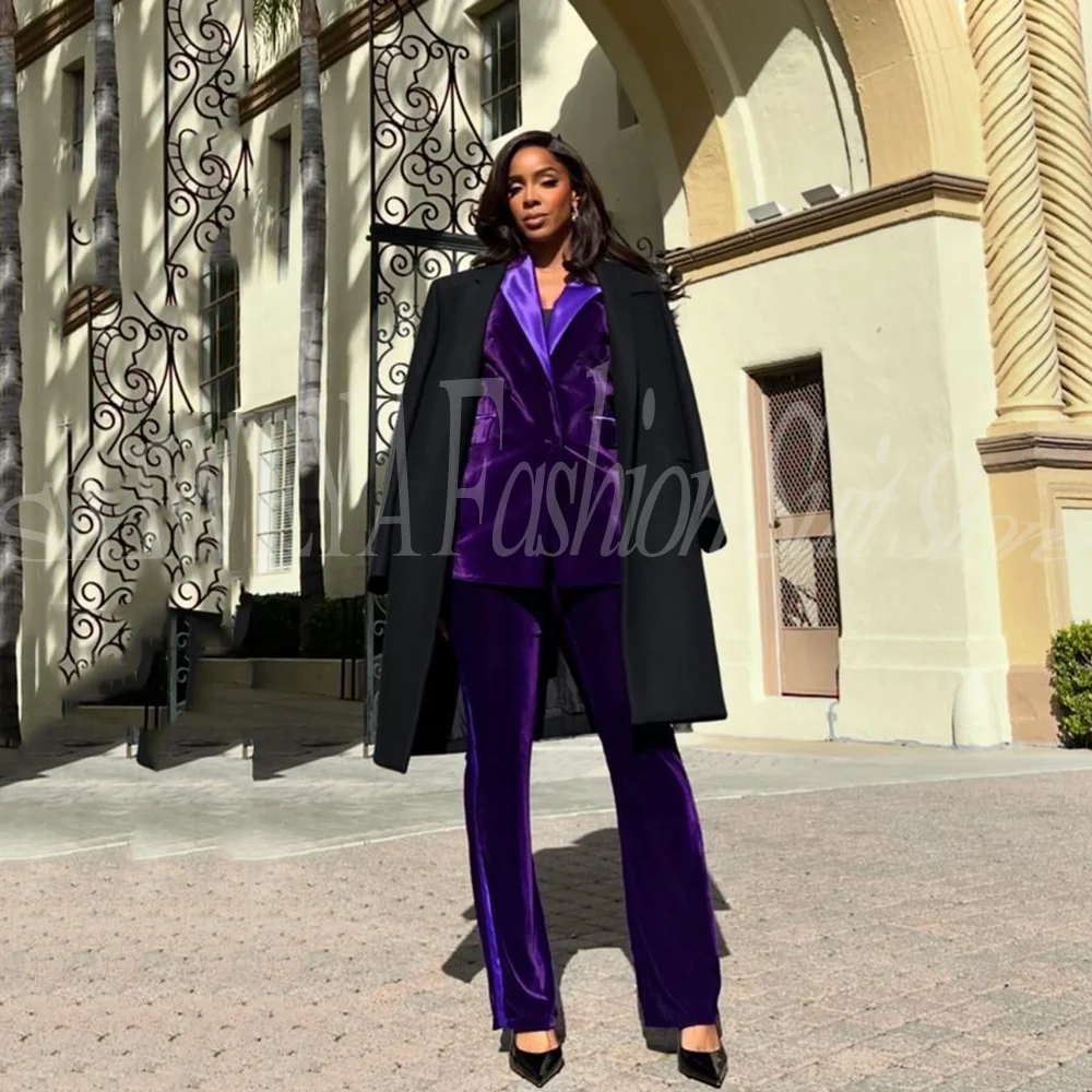 

Luxury Purple Velvet Suits for Women Notch Lapel 2 Pieces Jacket Pants Satin Neck High-end Office Lady Chic Outfits Customized