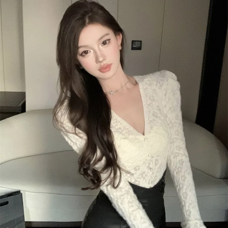 Frosted Lace Base Blouse Women with Autumn Winter High-grade Foreign V-neck Top Small Fragrance Trumpet Bubble Sleeve Shirt