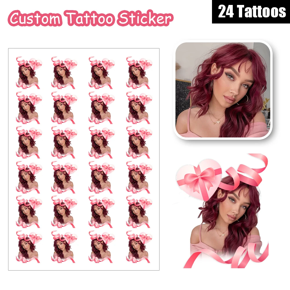 

24 Designs Pink Romantic Bow Ribbon Streamer Pattern Customized Personalized Waterproof Temporary Tattoo Sticker Logo Wedding