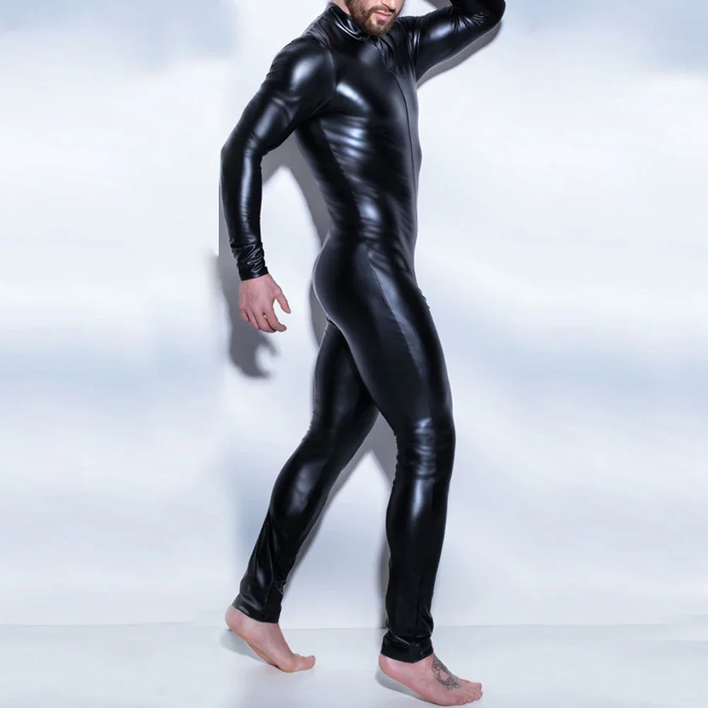 Rompers Jumpsuit ️Men Black Bodysuit Clubwear Fashionable Leotard Patent Leather Wetlook Brand New Comfortable