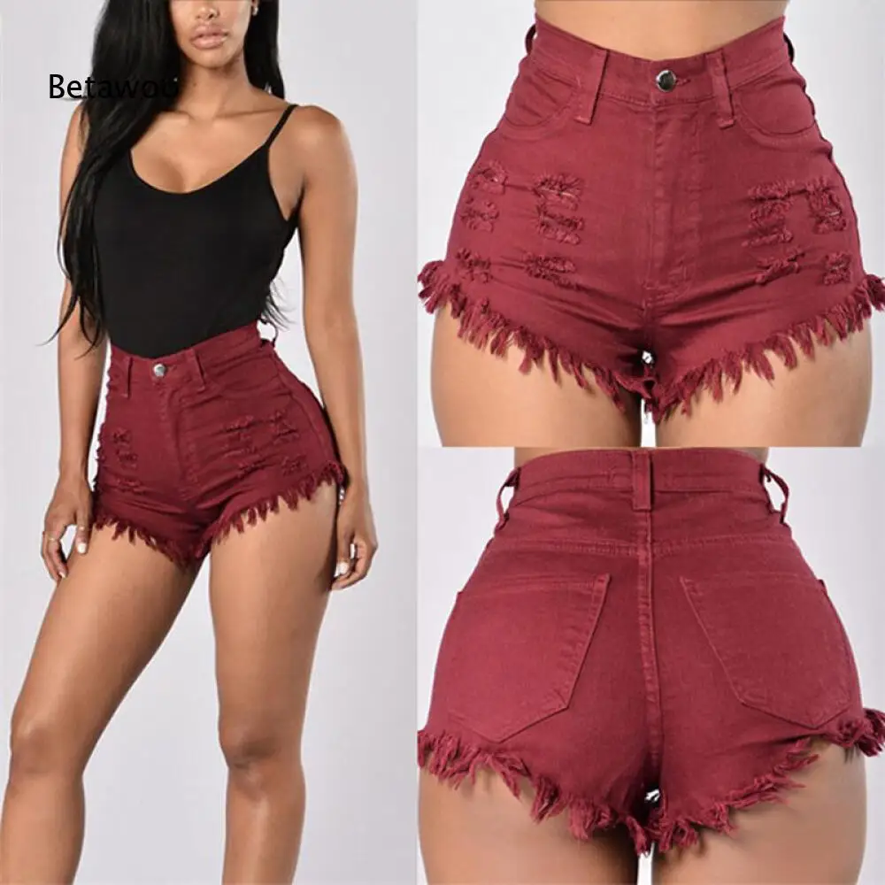 High Waist Fringe Hem Denim Shorts For Ladies Solid Wine Red All Over Ripped Classic Five Pocket Streetwear Short Pants