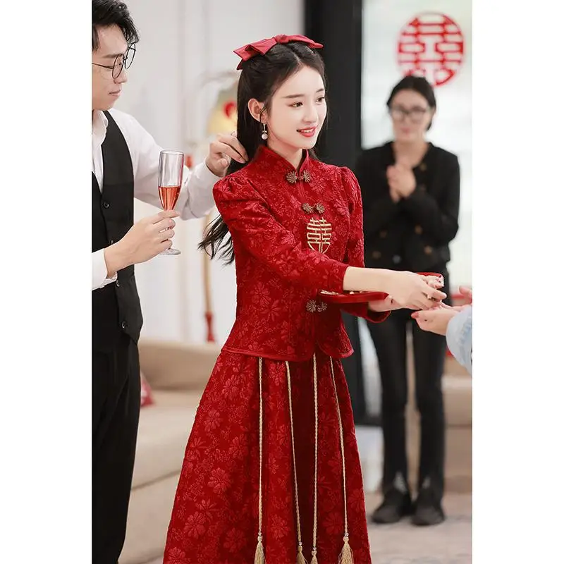 

New Chinese Toast Clothing Bride Wine Red Cheongsam Improved Simple Xiuhe Sets Spring Long-sleeved Two-piece Qipao Wedding Dress