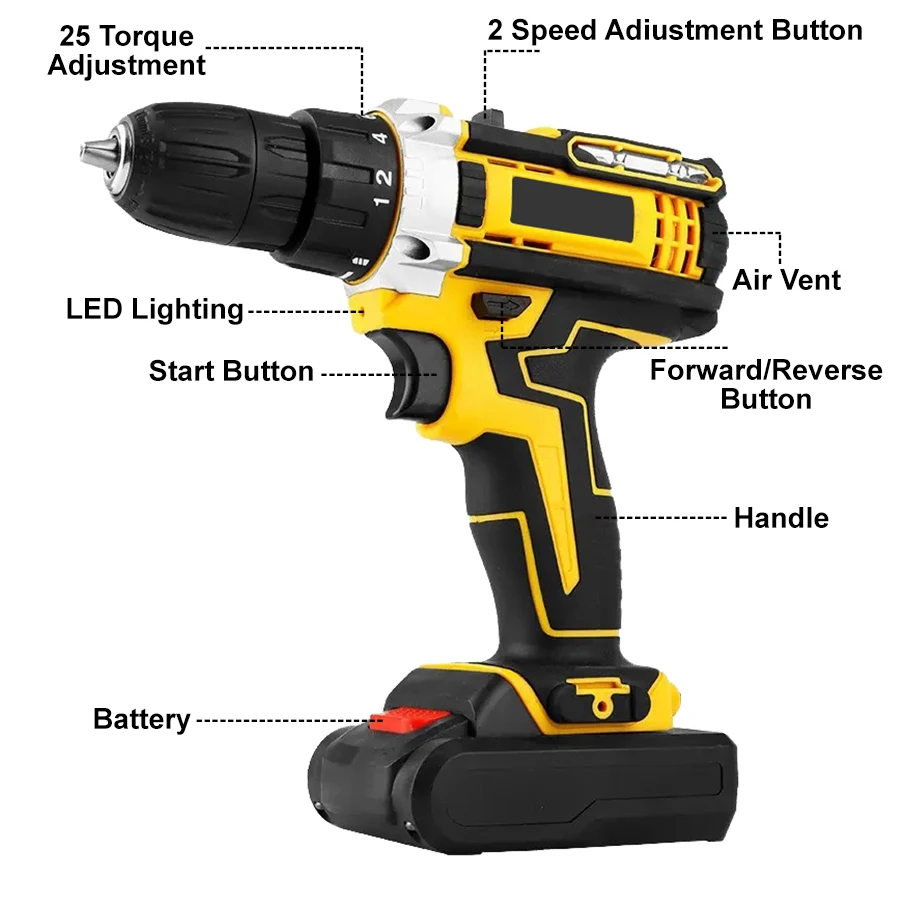 Conjunto de broca sem fio de íon de lítio com bateria e carregador mandril sem chave ajuste de velocidade variável configurações de engrenagem ferramenta elétrica doméstica