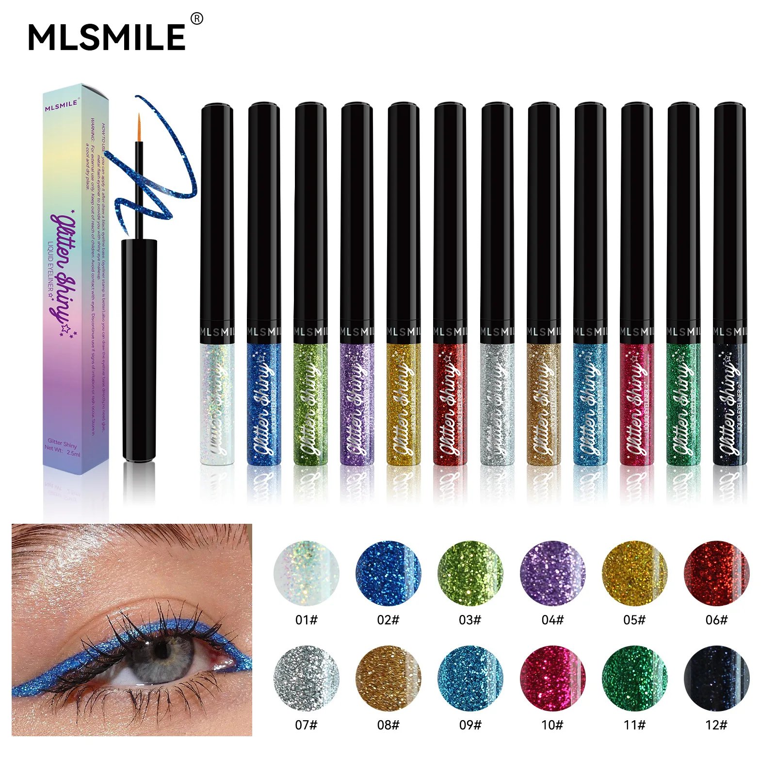 Mlsmile Sombra líquida perolada, delineador de lantejoulas Colorfull, impermeável, não borrado, atacado