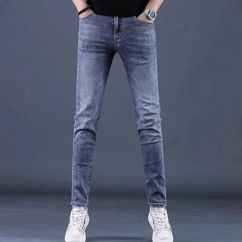 

Мужские джинсы Slim Fit: модные, эластичные, повседневные, прямые, средней посадки, из смесового полиэстера, хлопка и спандекса, с эффектом водной стирки