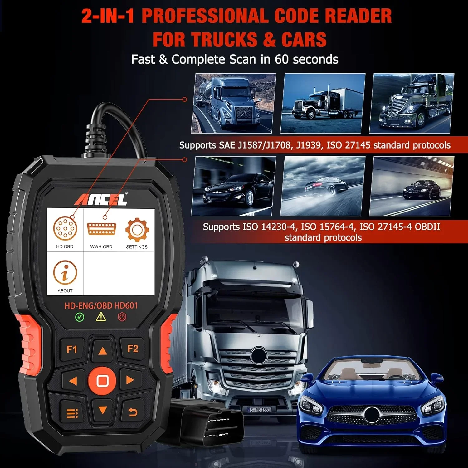 ANCEL HD601 Heavy Duty Truck Scanner All System Car Code Reader 6/9/16 PINS OBD 2 Diesel Diagnostic Scan Tool Free Update