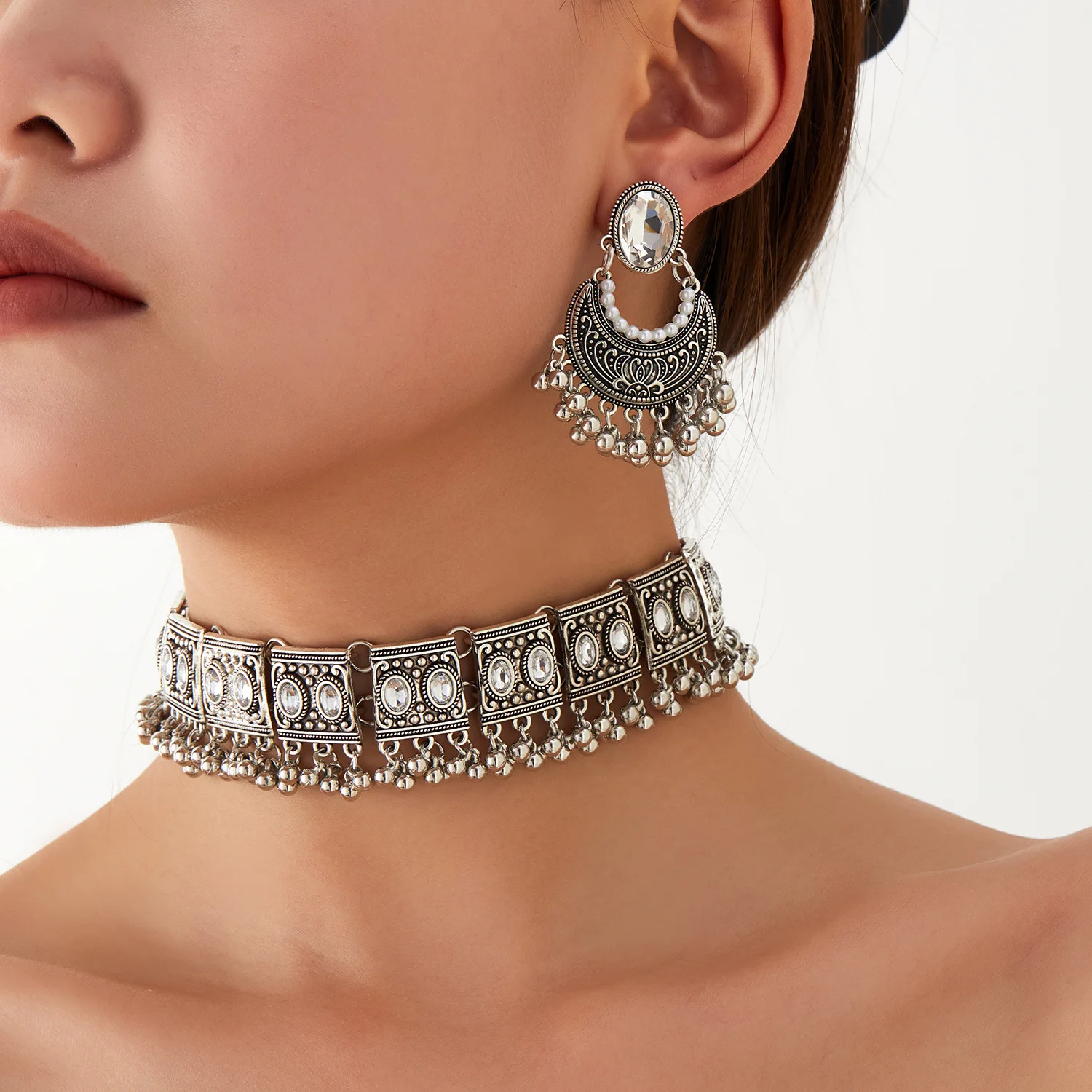 

Роскошное кристаллическое геометрическое ожерелье и серьги, комплект невесты, изысканная бусина с кисточками, преувеличенные женские свадебные украшения, ретро-этническое колье