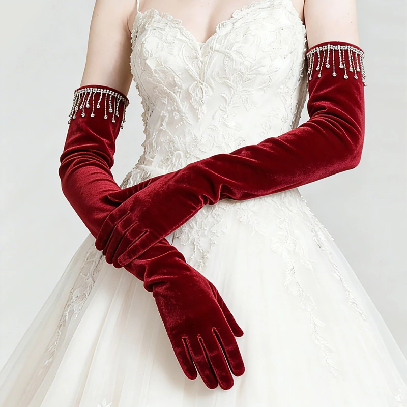 

Lady Rhinestone Tassel Velvet Long Gloves Autumn Winter Wedding Bridal Party Gloves Evening Dress Accessories