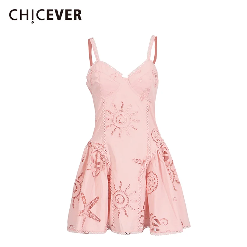 

CHICEVER Pink Spliced Hollow Out Dress Female V Neck Sleeveless Slimming Sweet Basics Women's Dresses Fashion Summer New Style