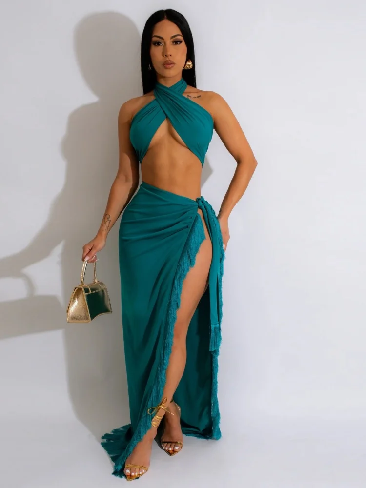 

Three Sisters 2025 Summer Women's Sexy Spice Girls Night Club Sleeveless Wrap Chest Strap Tassel Split Two Piece Dress Set
