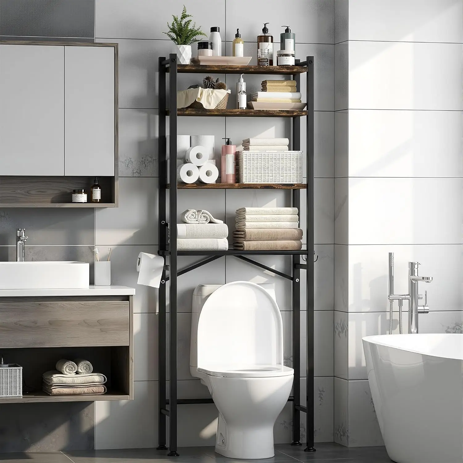 

Over-The-Toilet Storage Cabinet with Adjustable Shelf, 4-Tier Over Toilet Bathroom Organizer and Storage, Space Saver Metal B