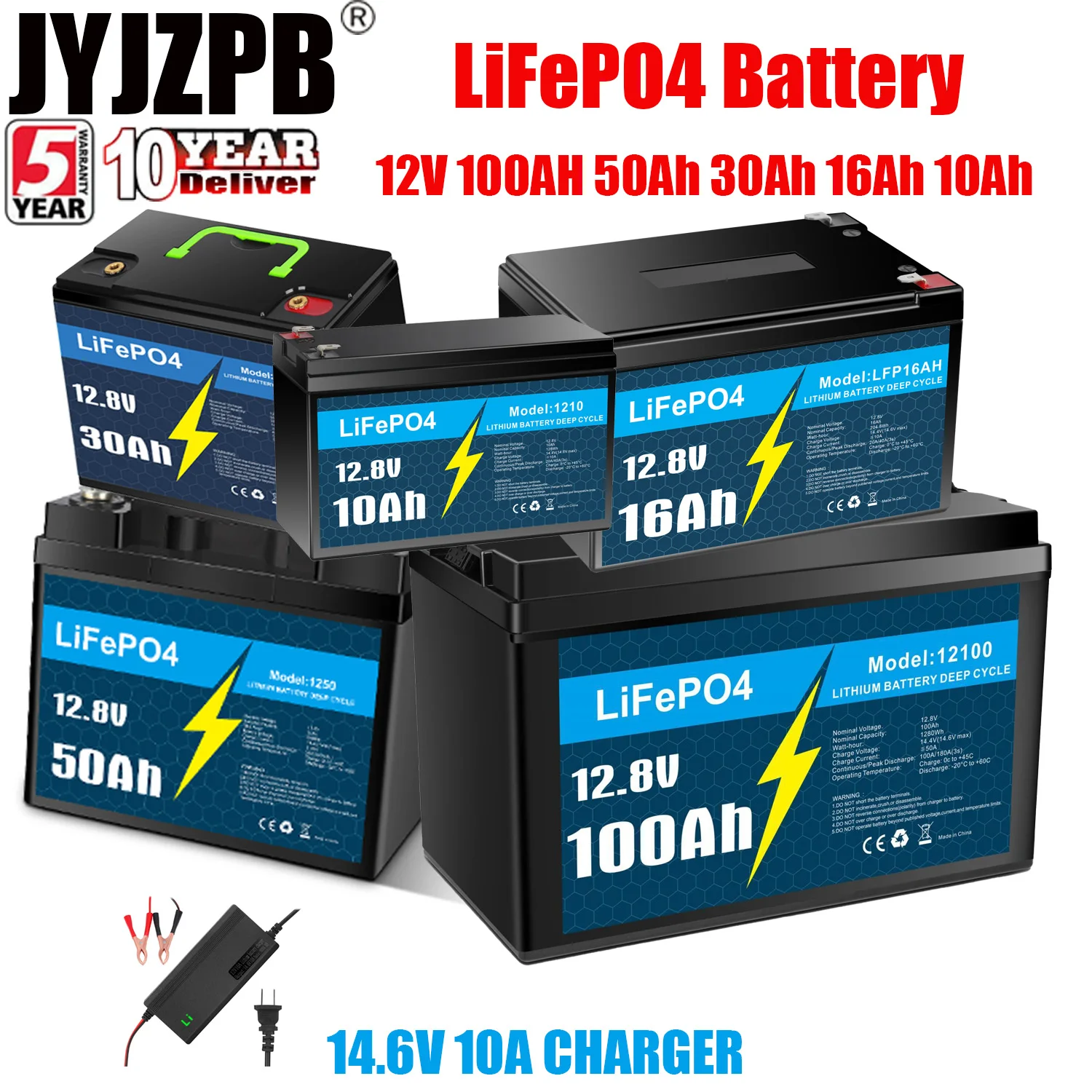 Batería LiFePO4 de 12V, 100Ah, 50Ah, 30Ah, 16Ah, 10Ah, baterías de fosfato de hierro y litio de 12V, 4000 ciclos, coche de turismo, viento Solar