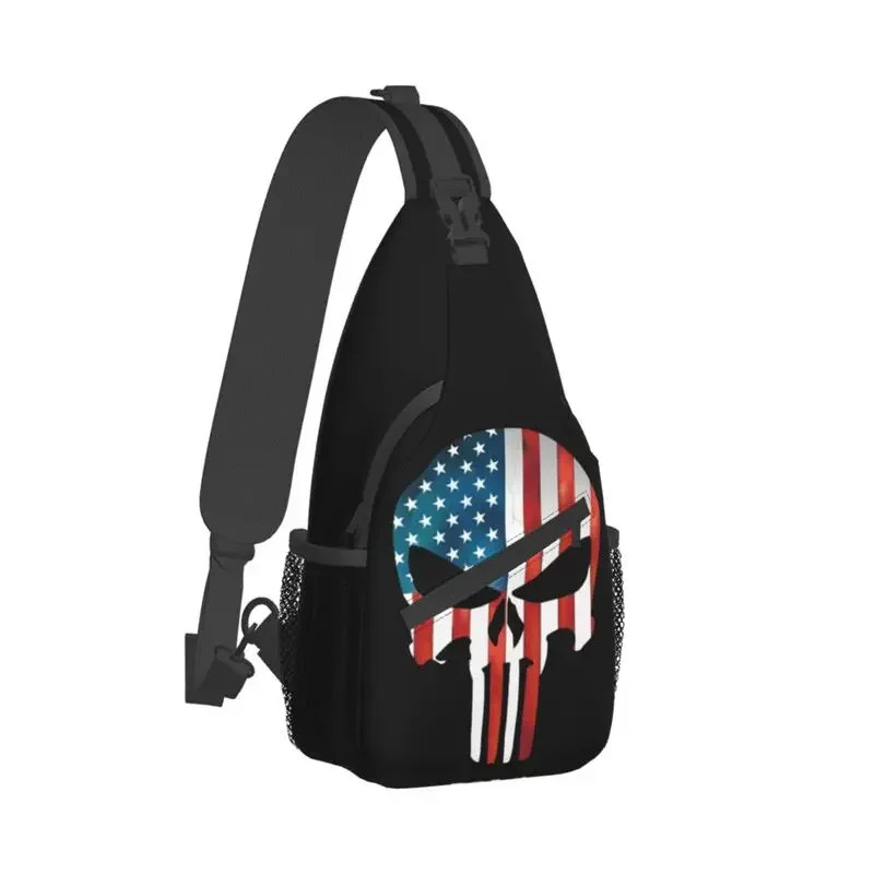 Casual American Flag Skeleton Punisher Skull Sling Bag for Travel Hiking Men's Chest Crossbody Backpack Shoulder Daypack