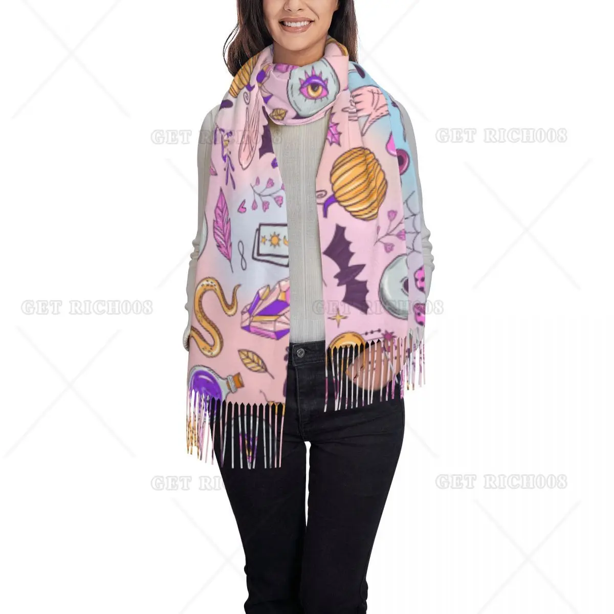 

Женский шарф Withy с кисточками, готический женский шарф с принтом черепа, длинный шарф с кисточками, уютный шарф, легкий и мягкий шарф