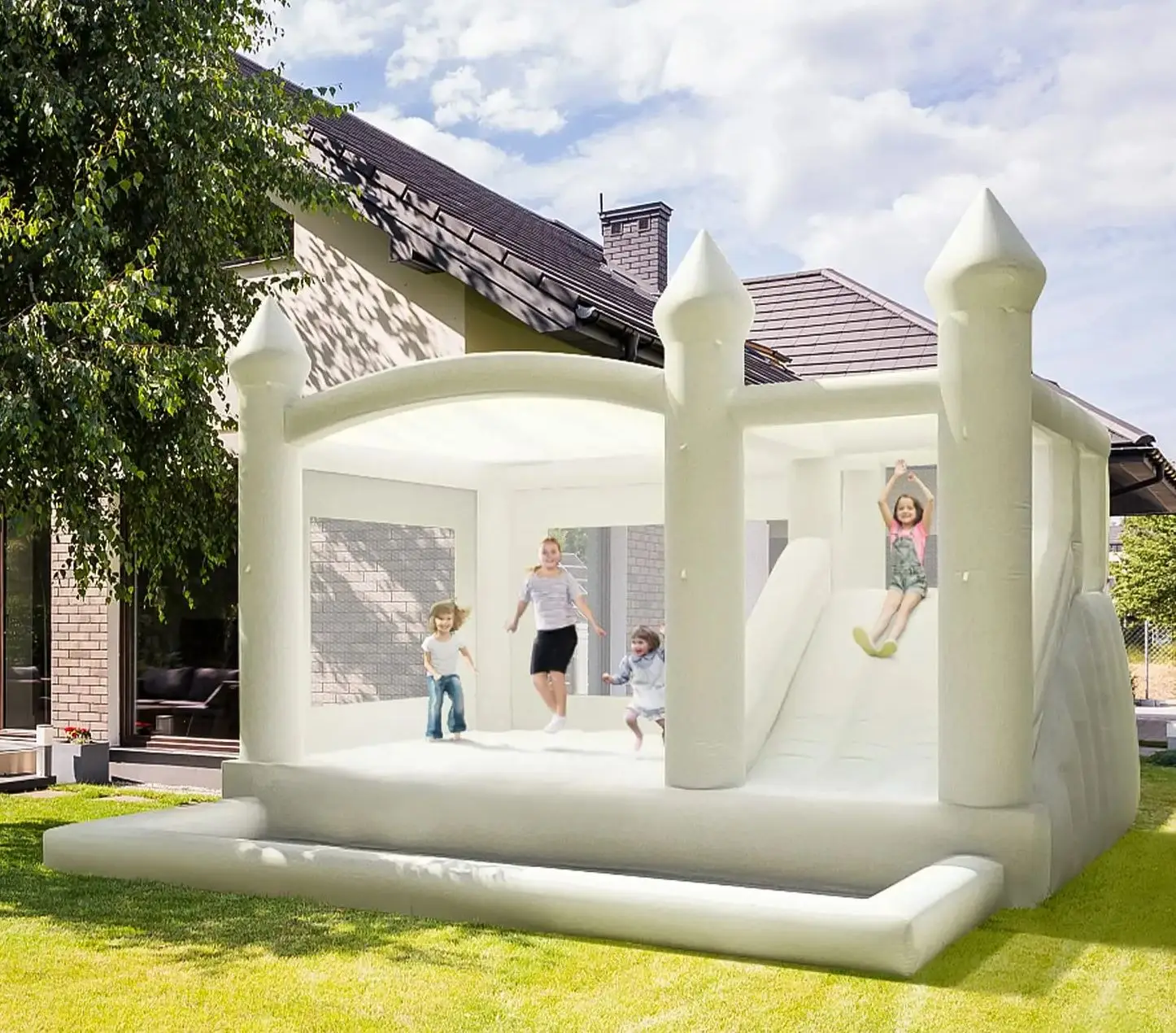 Inflatable PVC Durable White Bounce Houses with Slide, Bouncy Castle, Wedding Tent for Kids Party Backyard