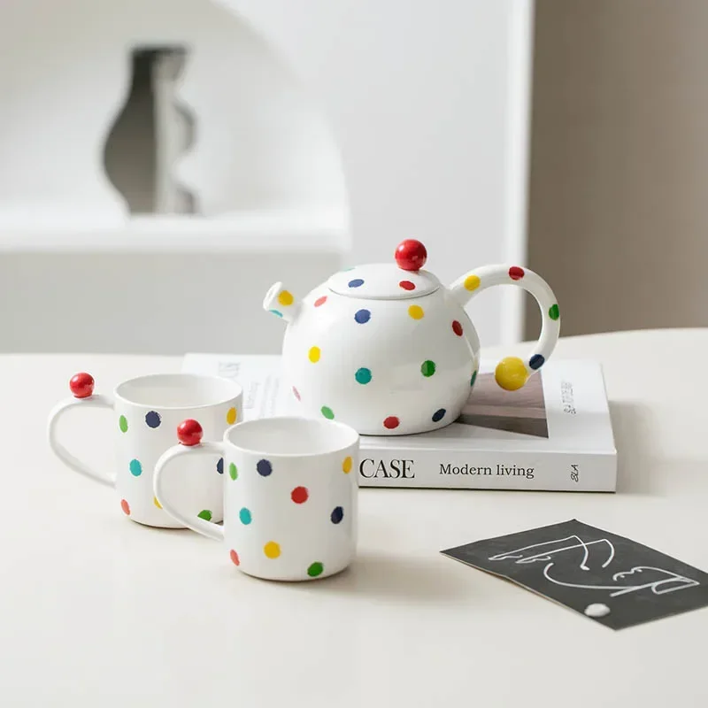 Creative Colored Polka Dot Ceramic Teapot Set High Beauty Tea Pot Three Piece Set Coffee Milk Mug Household Tea Set Supplies