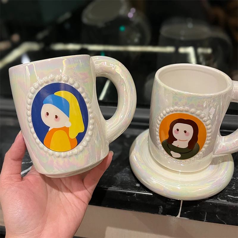 Creative Retro Oil Painting Ceramic Coffee Mug Pearl Glaze Van Gogh Mona Lisa Water Cup Office Home Milk Tea Drinkware Gift