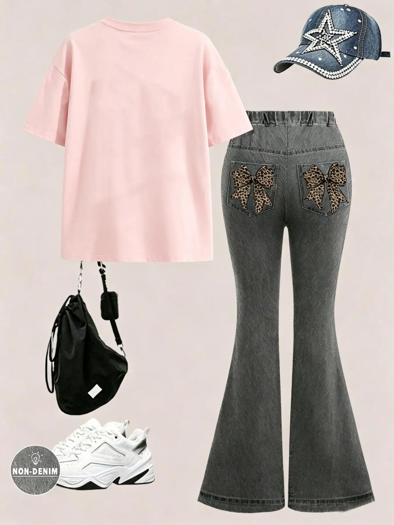 Girls' Summer and Autumn Casual Outfit: Leopard Print Bow Pink Short-Sleeve T-Shirt + Digital Print Flared Pants Two-Piece Set, Suitable for Girls Aged 4-12, Versatile Clothing for Going Out