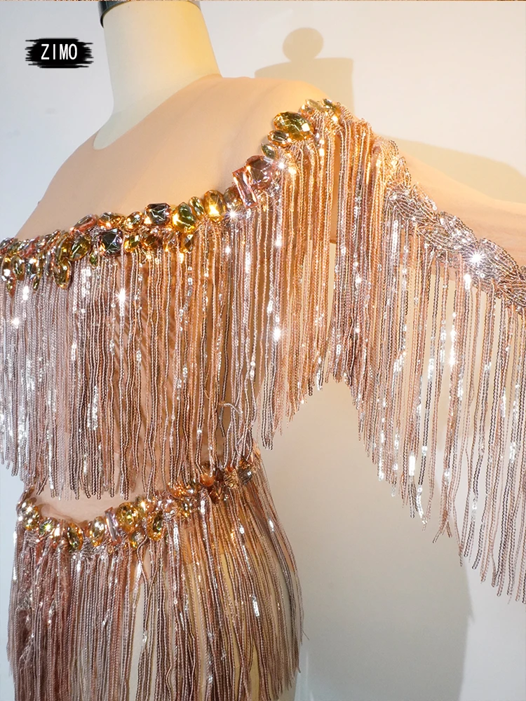 Sparkly Rhinestones Fringes Leotard Sexy Tassel Bodysuit Jazz Dance Costume One-piece Stage Wear Dancer Performance Show Weixiao