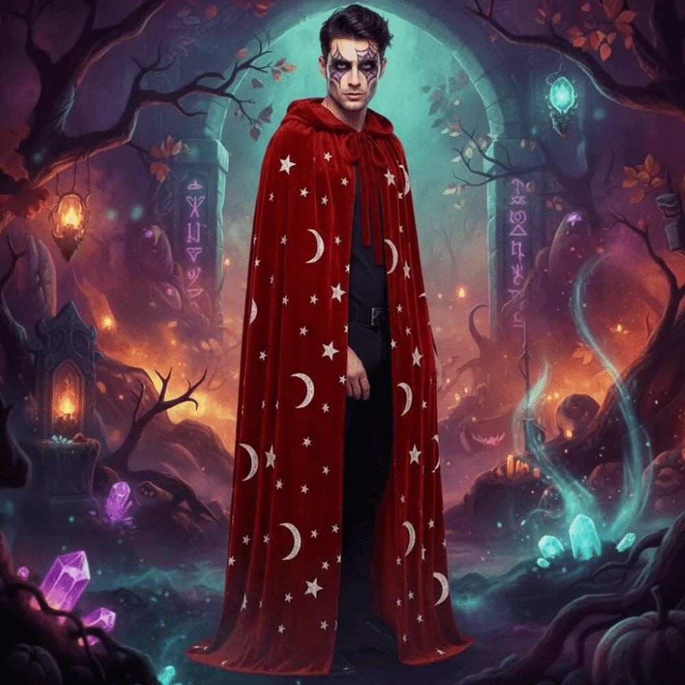 Tie Up Closure Velvet Hooded Cloak Foil Printed Soft Fabric Star Moon Cape with Hood Flowy Drape Costume Robe Wicca Lovers