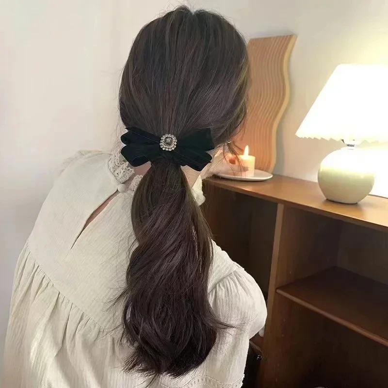 

Black Bow Hair Ring, Korean High Stretch Headrope, Velvet, Fashion, Large Intestine Ring, Chiffon, Elegant Women's Hair Accessor