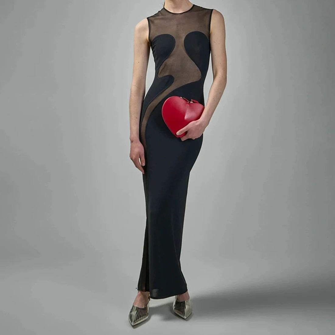 

Fashion new hot style solid color sexy hollow mesh tight round neck sleeveless dress-GZXX421