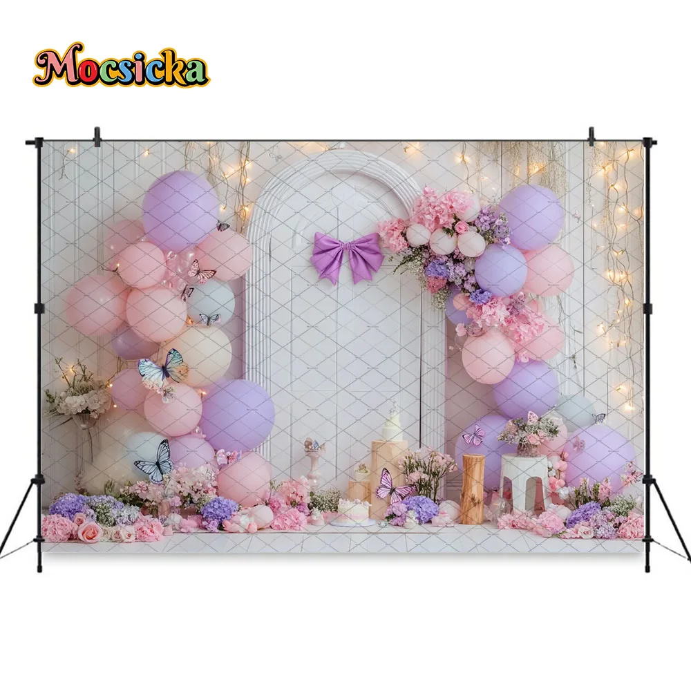Mocsicka الوردي الأرجواني الجنية الباب التصوير خلفية بالون فراشة زهرة القوس خلفية الفتيات عيد ميلاد الأميرة صورة