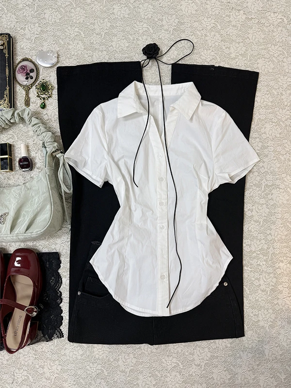 

Boya Girl Original White V-Ne ort Sve irt Women's Summer Vintage Vintage Clothing Elegance Top Trendy Korean Sle C...