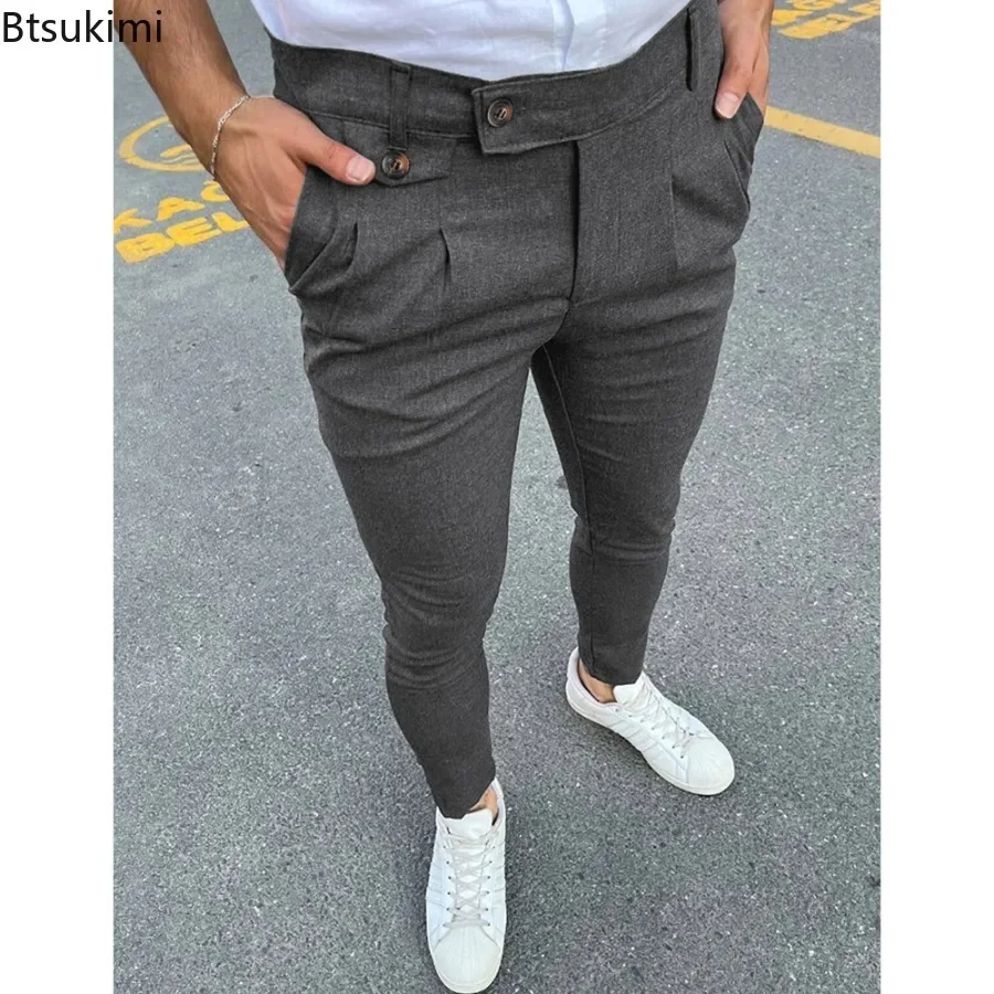 2025 novo terno masculino calças moda vintage sólido fino ajuste calças formais masculino casual all-match calças lápis sociais roupas masculinas