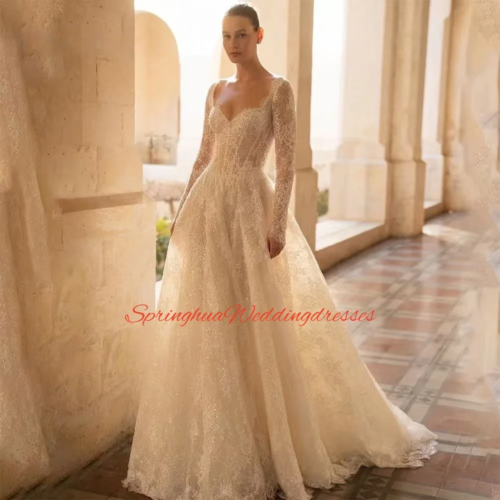 Vestido de casamento de renda de luxo personalizado querida mangas compridas vestido de noiva lantejoulas brilhante vestido de noiva elegante