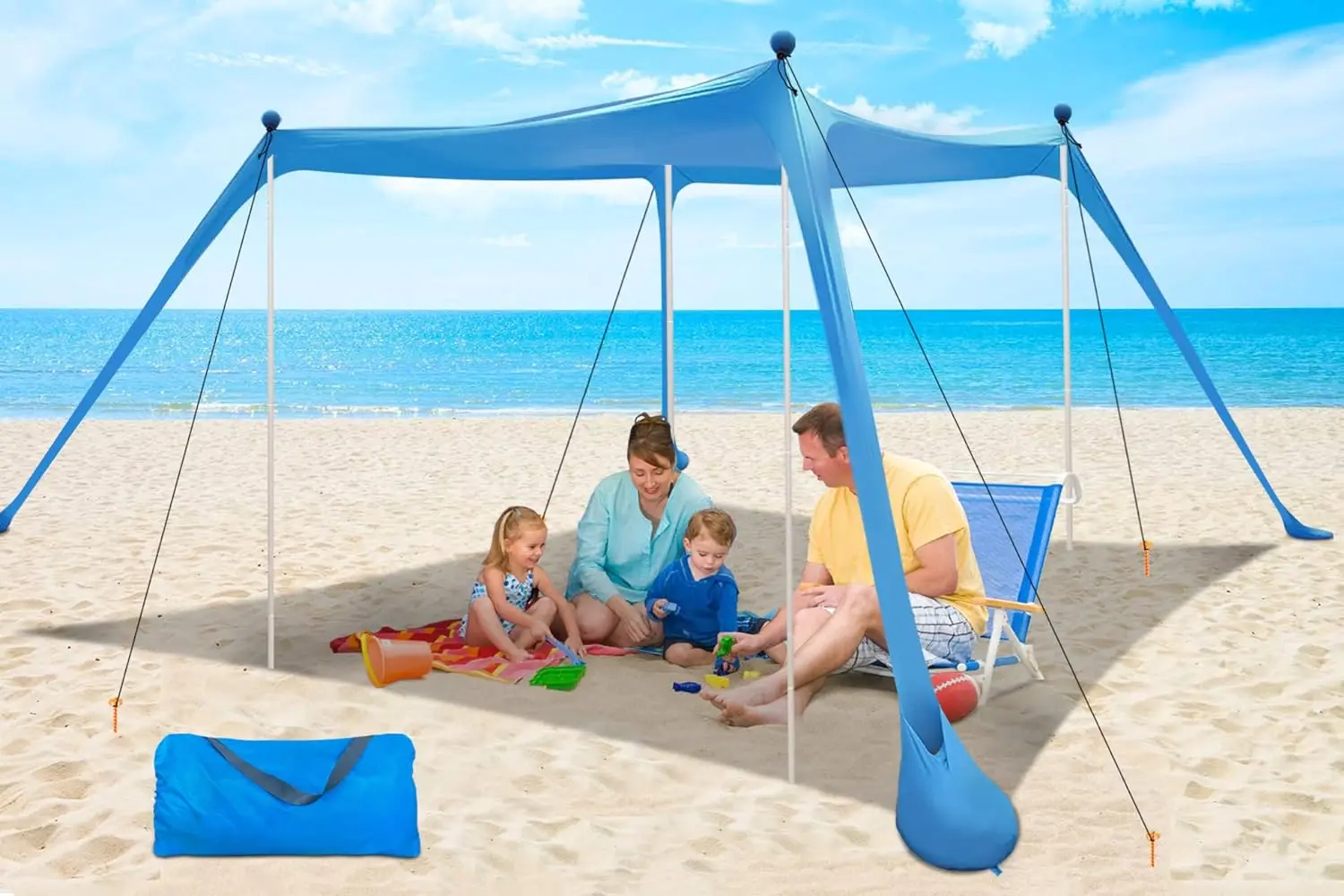 Beach Canopy Beach Tent Easy to Setup Extra Windproof Rope Sun Shelter Beach Shade Canopy with 4 Stability Poles Outdoor Shade