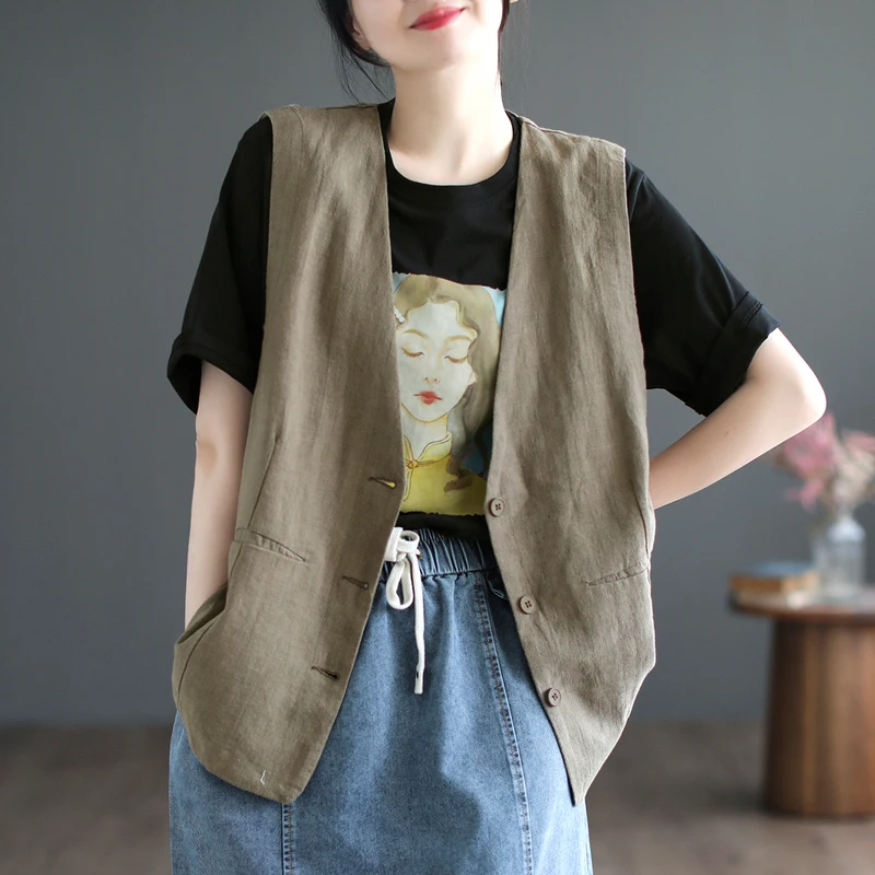 

Женский летний тонкий хлопковый льняной жилет Jaet, брендовая верхняя одежда Tagl, V-Ne, застежка на одной пуговице, чистый цвет, универсальный Sle