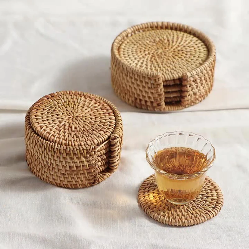 3PCS 10cm Vine woven heat-resistant and heat-insulating mat, circular cup mat, kitchen clay pot mat