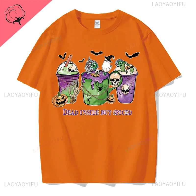 Dead Inside But Spiced Skull Pumpkin Lamp Graphics Hallowmas Cotton T Shirt Streetwear Short Sleeve Tshirt Hipster Women Tees