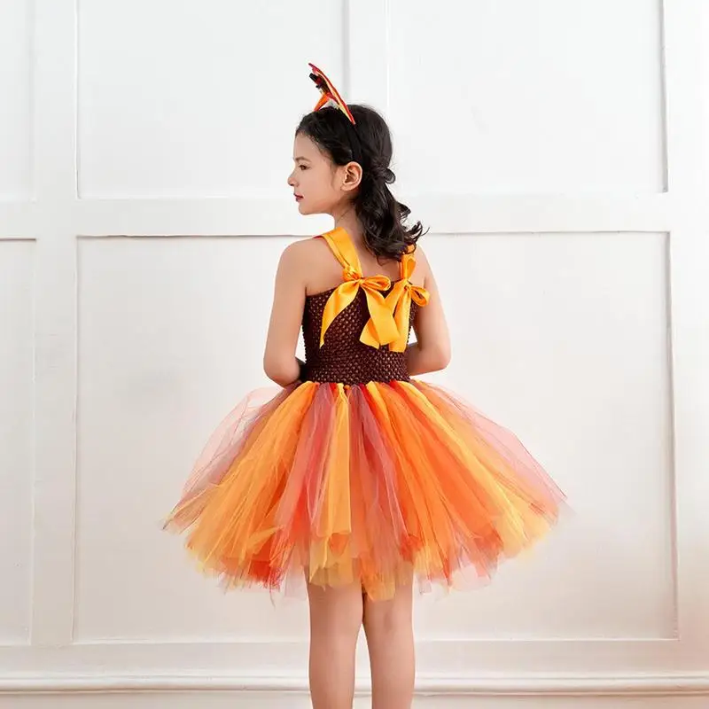 Thanksgiving Turkey Tutu Soft Breathable Girls Bowknot Dress with Headband Kids Cosplay Clothes Cute Holiday Costumes