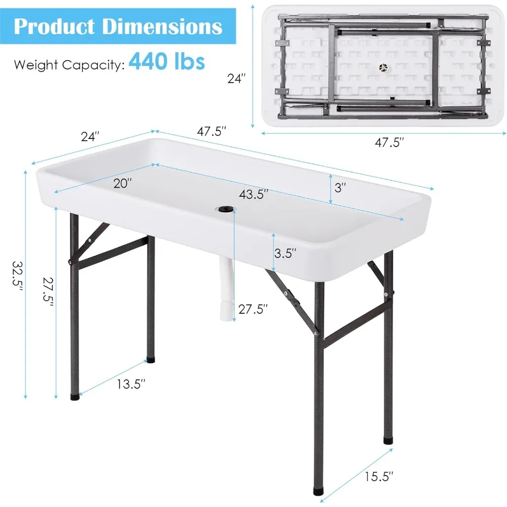 Ice Cooler Table, Folding Buffet Cold Food Keeper w/Removable Matching Skirt & Drain Plug, Portable Patio Outdoor Chilling Table