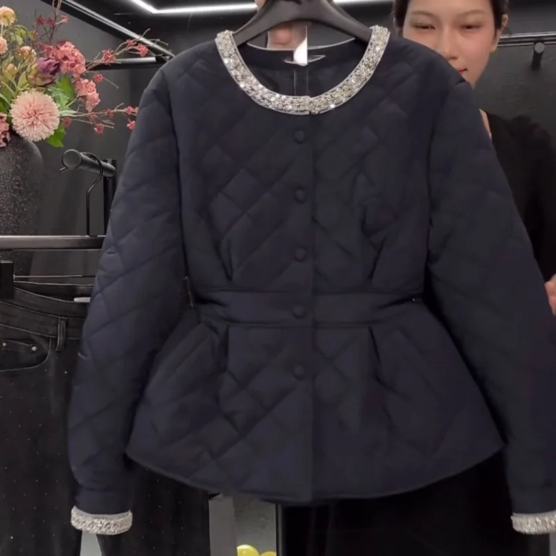Women's clothing Winter New arrivals Patchwork Sequins Round neck Cotton coat Charming Diamond pattern Fitted waist Slimming