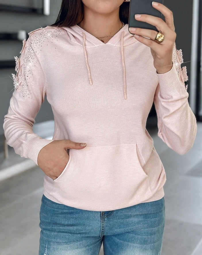 

Elegant New Fashion 2024 Autumn Winter Casual Pullover Tops Lace Butterfly Pattern Rhinestone Kangaroo Pocket Design Hoodie