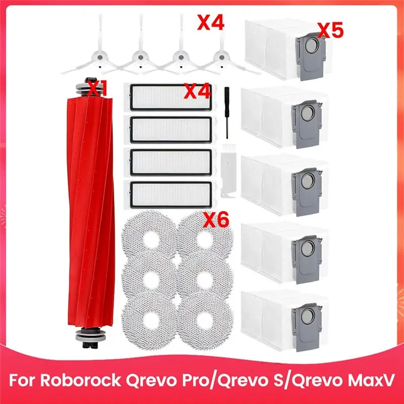 

Аксессуары ABVS для пылесосов Roborock Qrevo Pro/Qrevo S/Qrevo Maxv: основная и боковые щетки, HEPA-фильтр, салфетка для влажной уборки, мешки для сбора пыли.
