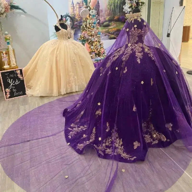 Vestidos de quinceañera morados únicos, vestido de baile 2025, capa para fiesta de graduación de cumpleaños, apliques de capas sin espalda, dulce personalizado