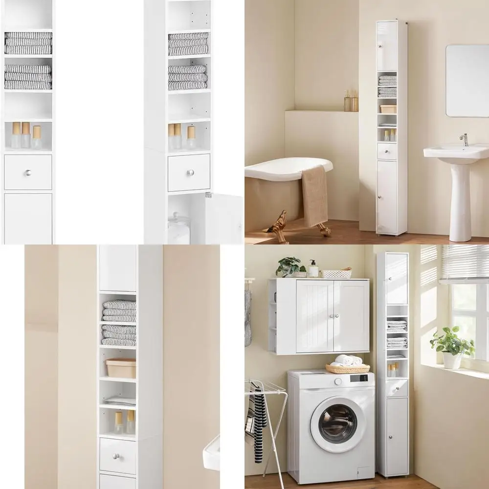 White Slim Tall Storage Cabinet with Adjustable Shelves for Small Spaces