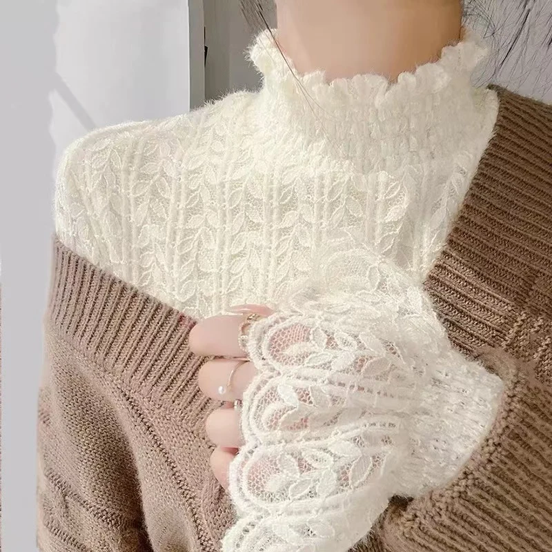 الدانتيل نصف الياقة المدورة محبوك سترة المرأة خريف شتاء سميكة الدافئة طويلة الأكمام البلوز الكورية شيك سليم الجوف خارج البلوز جديد #2