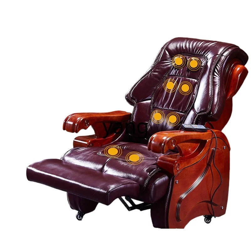 

Yjq reclining solid wood four-legged cowhide president boss chair home office leather electric chair